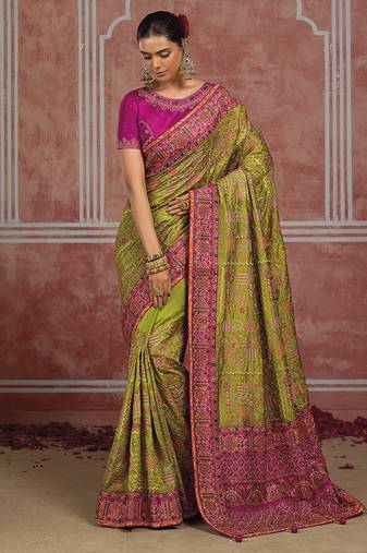 Parrot green silk blend saree with intricate zari & meenakari weaving