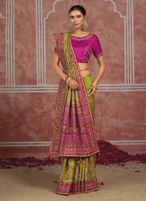 Parrot green silk blend saree with intricate zari & meenakari weaving 2