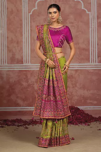 Parrot green silk blend saree with intricate zari & meenakari weaving