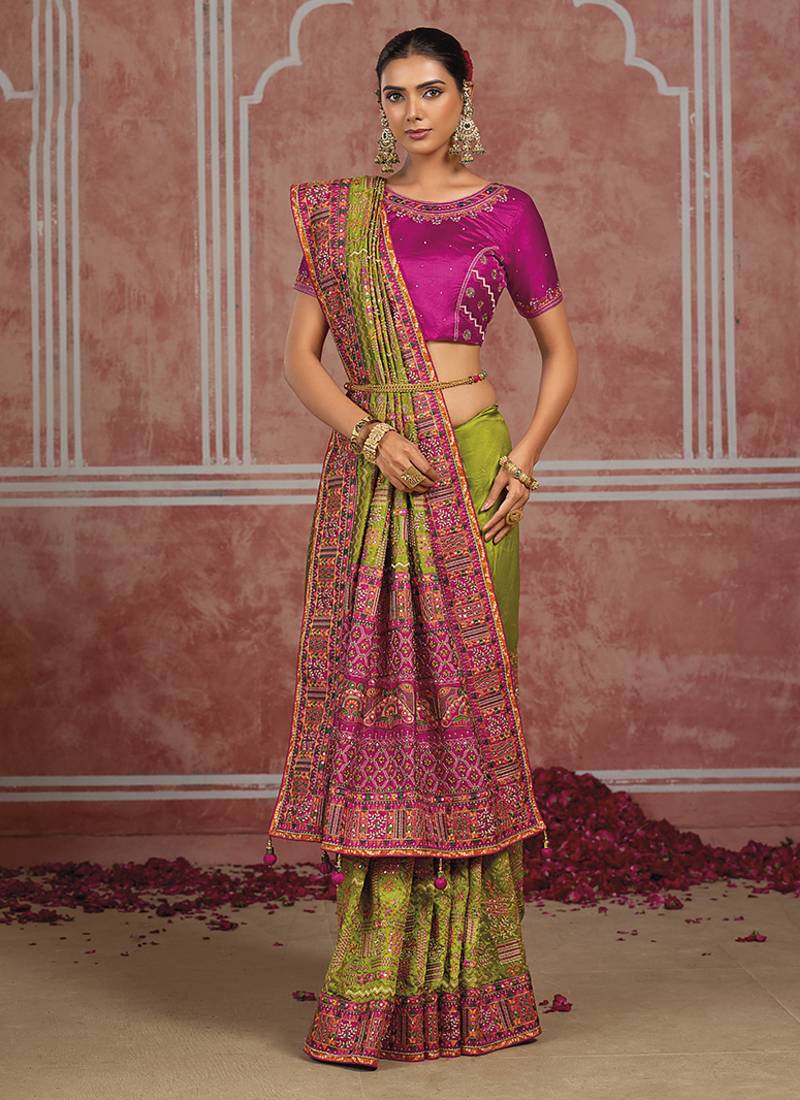 Parrot green silk blend saree with intricate zari & meenakari weaving