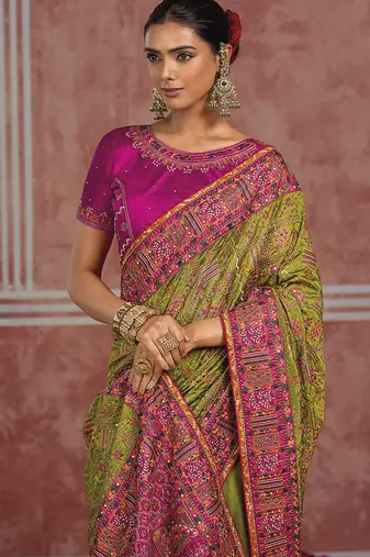 Parrot green silk blend saree with intricate zari & meenakari weaving
