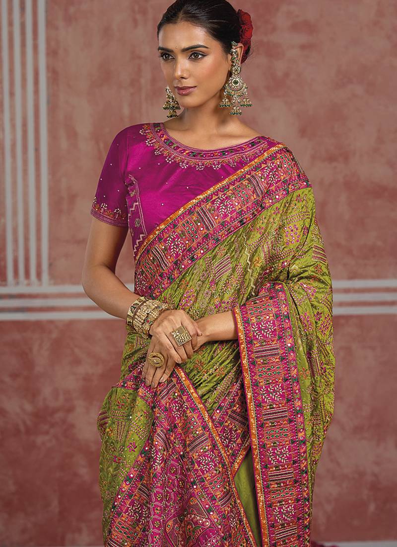 Parrot green silk blend saree with intricate zari & meenakari weaving