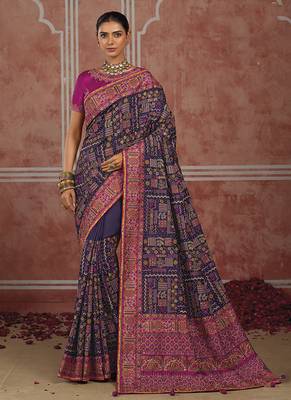 Navy blue silk blend saree with intricate zari & meenakari weaving 1