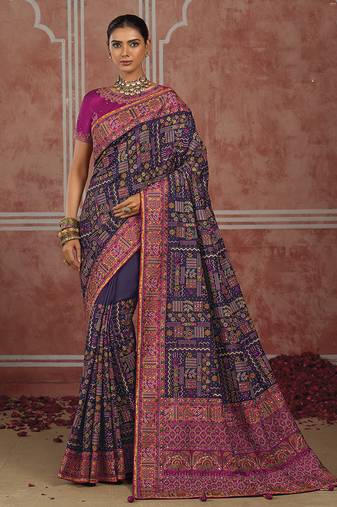 Navy blue silk blend saree with intricate zari & meenakari weaving