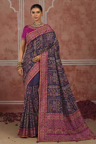 Navy blue silk blend saree with intricate zari & meenakari weaving