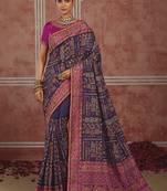 Navy blue silk blend saree with intricate zari & meenakari weaving