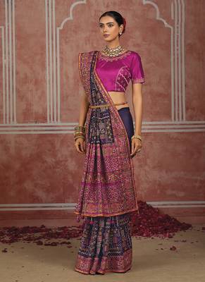 Navy blue silk blend saree with intricate zari & meenakari weaving 2