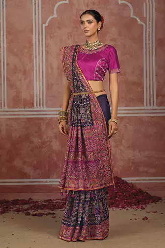 Navy blue silk blend saree with intricate zari & meenakari weaving