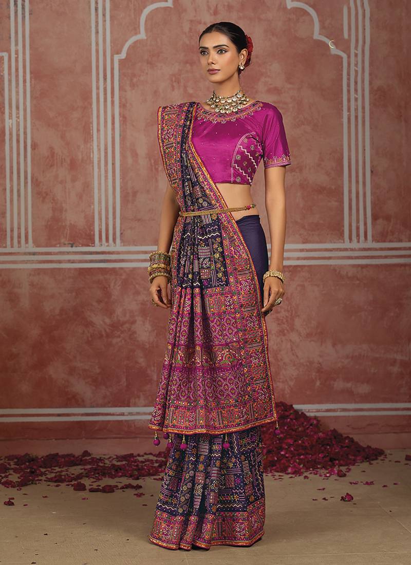 Navy blue silk blend saree with intricate zari & meenakari weaving