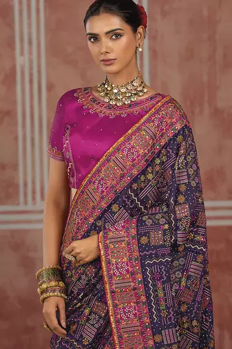Navy blue silk blend saree with intricate zari & meenakari weaving
