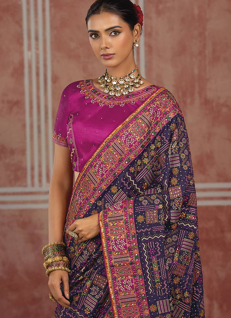 Navy blue silk blend saree with intricate zari & meenakari weaving