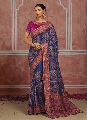 Royal blue silk blend saree with intricate zari & meenakari weaving 1