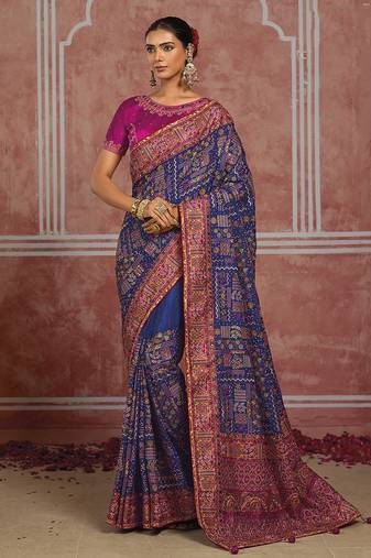Royal blue silk blend saree with intricate zari & meenakari weaving