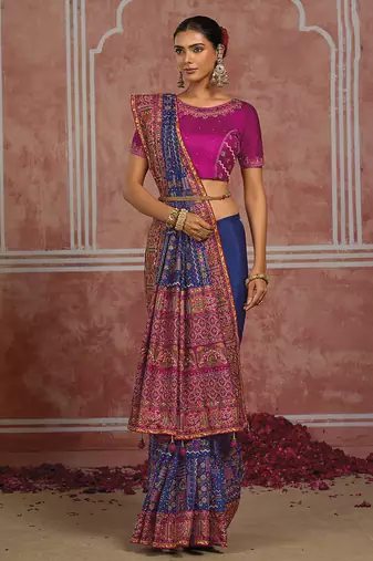 Royal blue silk blend saree with intricate zari & meenakari weaving