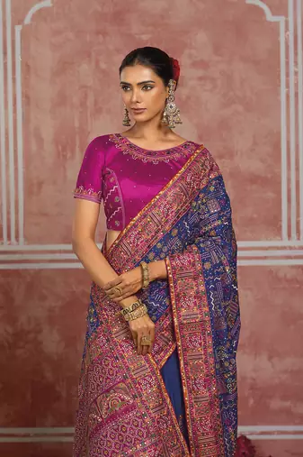Royal blue silk blend saree with intricate zari & meenakari weaving