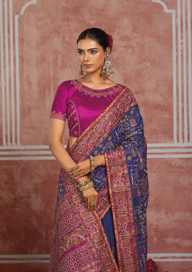 Royal blue silk blend saree with intricate zari & meenakari weaving