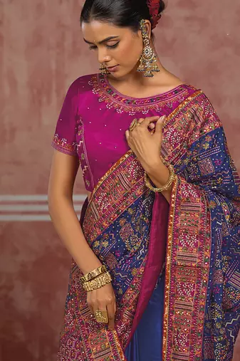 Royal blue silk blend saree with intricate zari & meenakari weaving