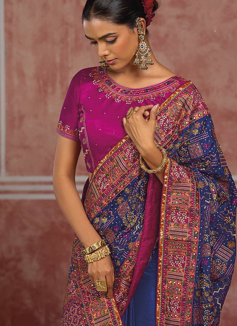 Royal blue silk blend saree with intricate zari & meenakari weaving