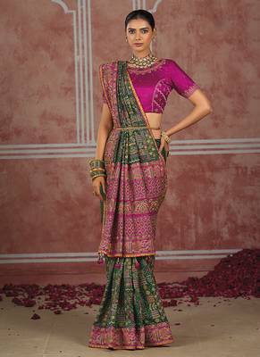Bottle green silk blend saree with intricate zari & meenakari weaving 2
