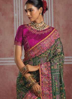 Bottle green silk blend saree with intricate zari & meenakari weaving 3
