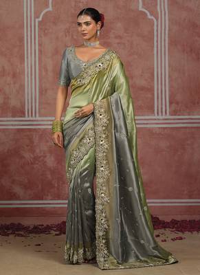 Pistachio green & grey embroidered silk blend saree 1