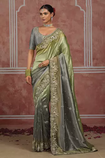 Pistachio green & grey embroidered silk blend saree