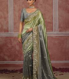 Pistachio green & grey embroidered silk blend saree