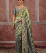 Pistachio green & grey embroidered silk blend saree