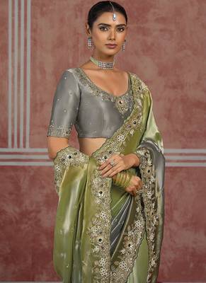 Pistachio green & grey embroidered silk blend saree 2