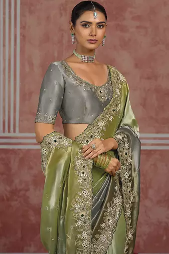 Pistachio green & grey embroidered silk blend saree