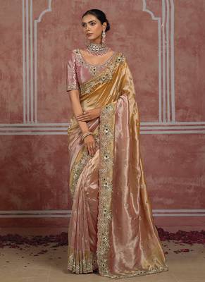 Golden & pink embroidered silk blend saree 1