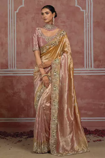 Golden & pink embroidered silk blend saree