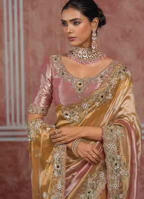 Golden & pink embroidered silk blend saree 2
