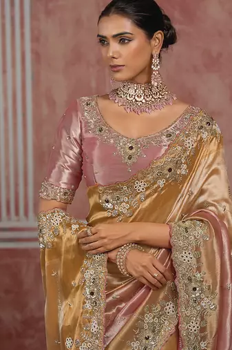 Golden & pink embroidered silk blend saree