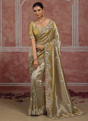 Silver & gold embroidered silk blend saree 1