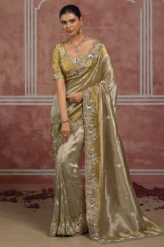 Silver & gold embroidered silk blend saree