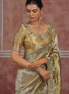 Silver & gold embroidered silk blend saree 2