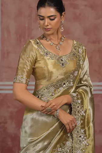 Silver & gold embroidered silk blend saree