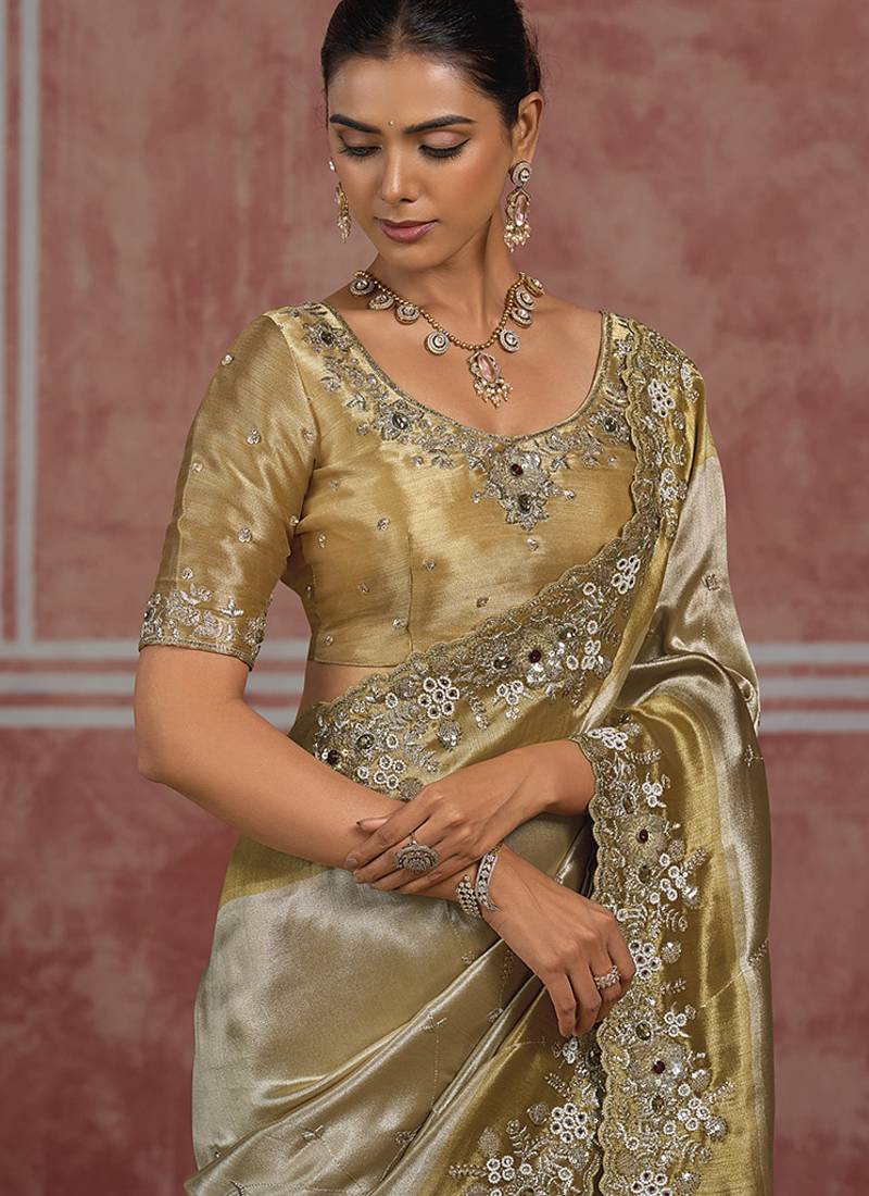 Silver & gold embroidered silk blend saree