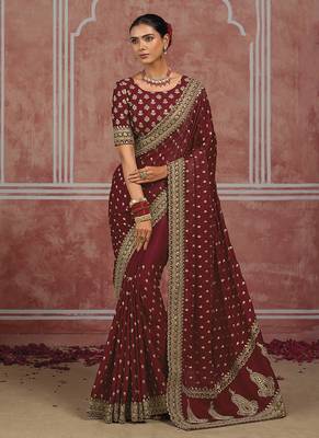 Maroon embroidered silk blend saree 1