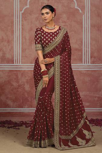 Maroon embroidered silk blend saree