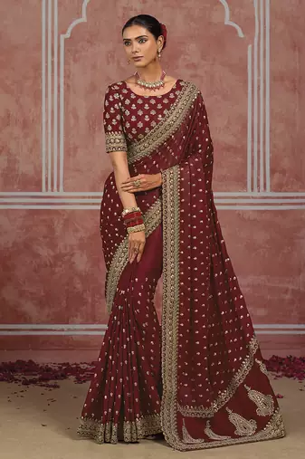 Maroon embroidered silk blend saree