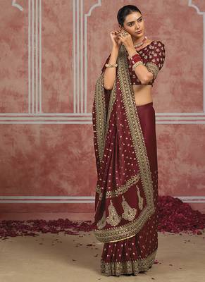 Maroon embroidered silk blend saree 2