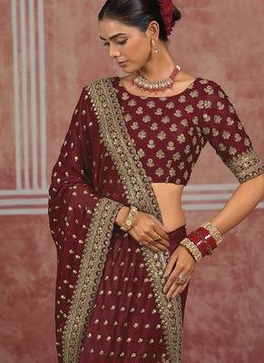Maroon embroidered silk blend saree 3