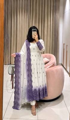 white color embroidery sequin and real mirror handwork georgette gown set 1