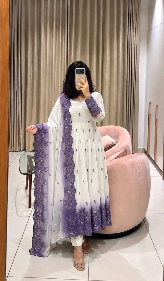 white color embroidery sequin and real mirror handwork georgette gown set