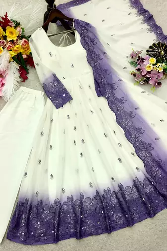 white color embroidery sequin and real mirror handwork georgette gown set