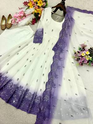 white color embroidery sequin and real mirror handwork georgette gown set 3