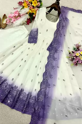 white color embroidery sequin and real mirror handwork georgette gown set