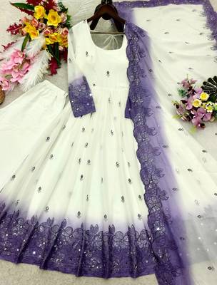 white color embroidery sequin and real mirror handwork georgette gown set 4